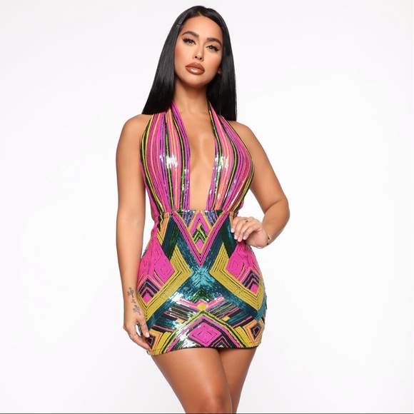 Fashion Nova open back halter sequin mini dress - Picture 1 of 9